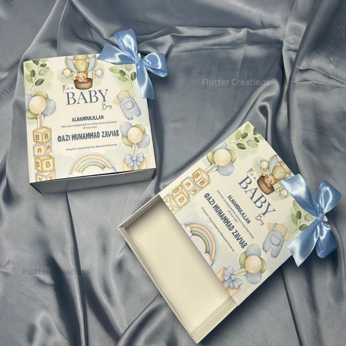 Baby Announcement Drawer Style Box with Pastel Blue Bow