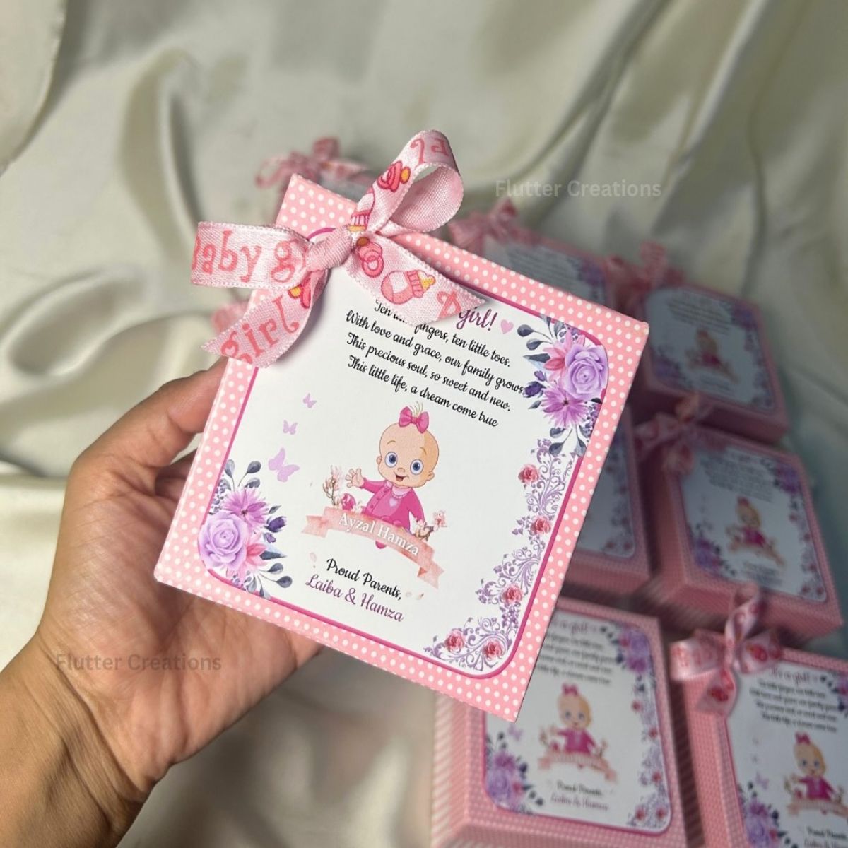 Personalized Baby Girl Announcement Box - Card n Bow Design