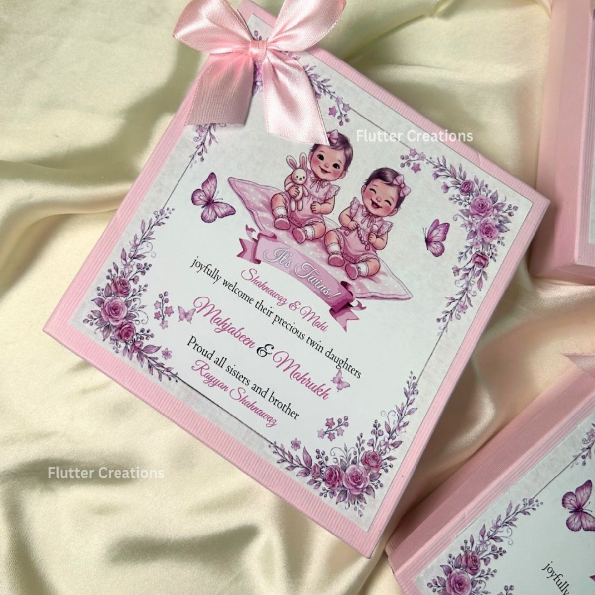 Personalized Twin Baby Announcement Box - Card n Bow Design