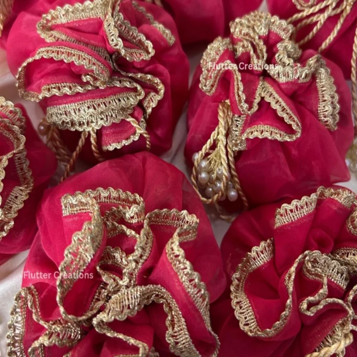 Dark Pink Organza Potlis with double pearl tassel and name tag