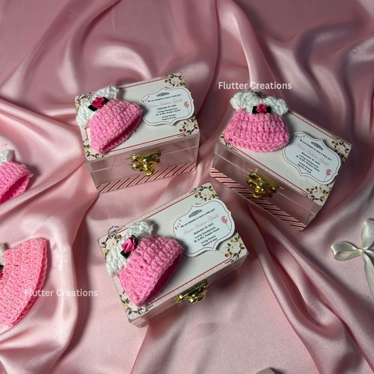 Baby Girl Announcement Acrylic Box (Pink Crochet Dress)