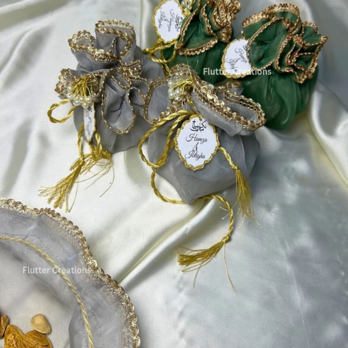 Grey or Green Organza Potlis with single pearl tassel and name tag