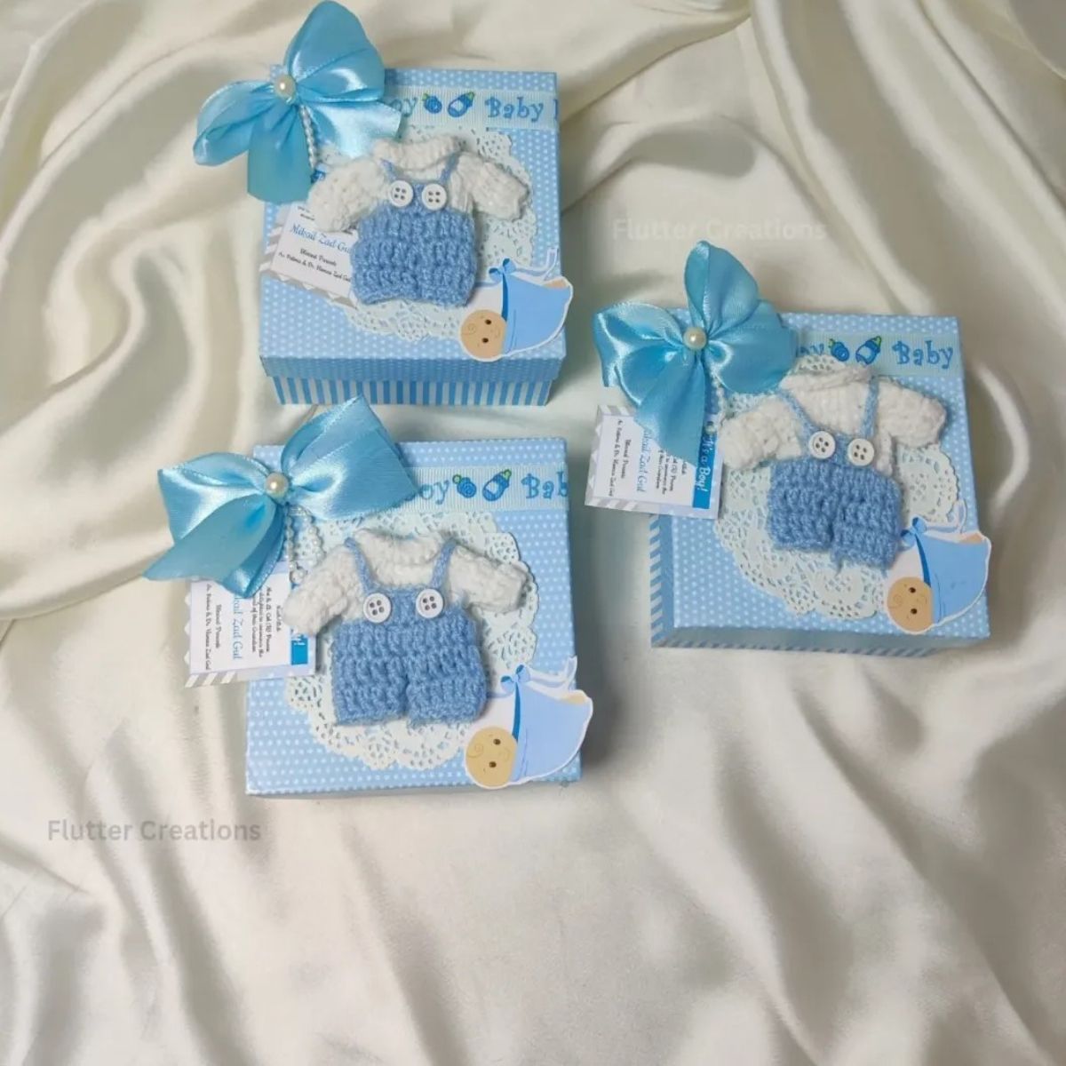 Crochet with Doily and Double Bow - Baby Boy Announcement Box