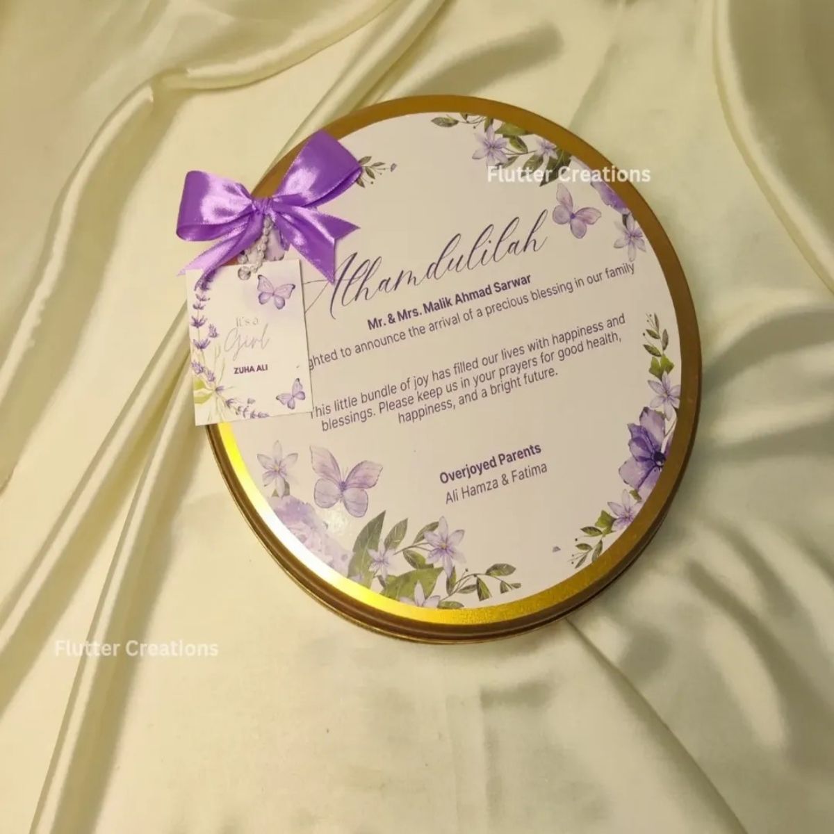 Baby Girl Announcement Round Tin Box with Bow n Card