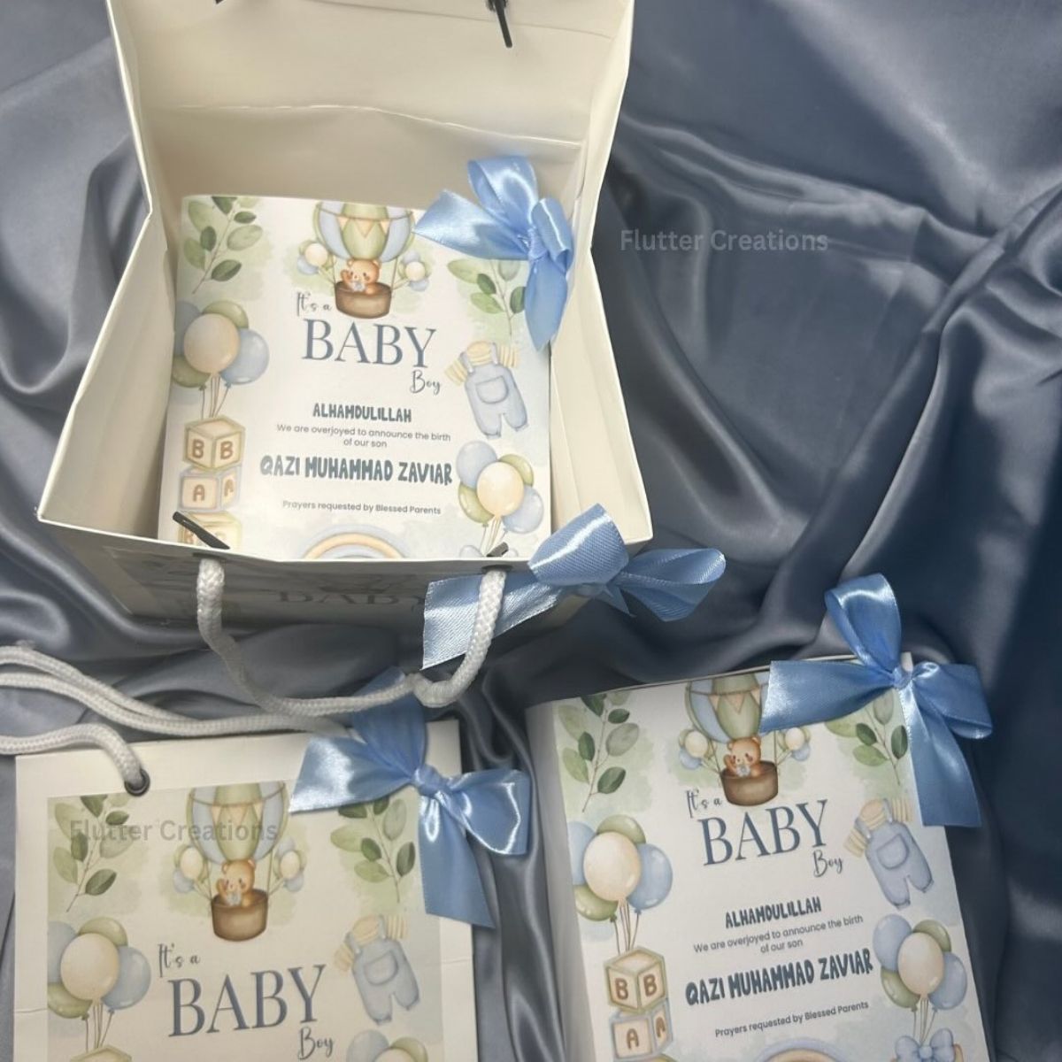 Baby Announcement Drawer Style Box with Pastel Blue Bow