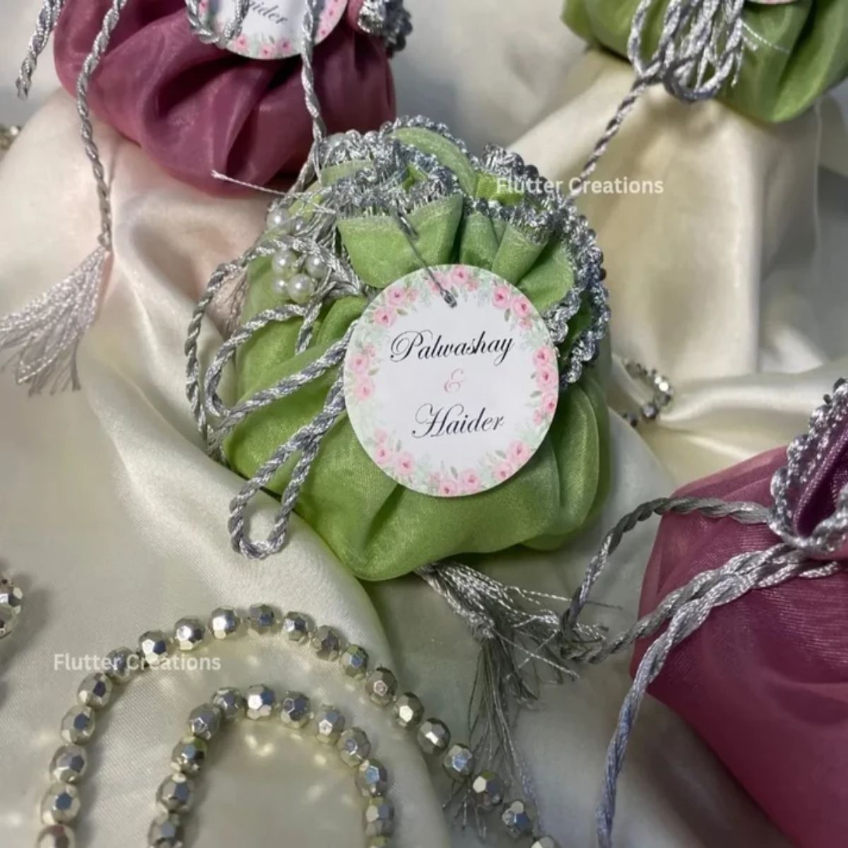 Green or Purple Silk Lining Organza potlis with Silver string