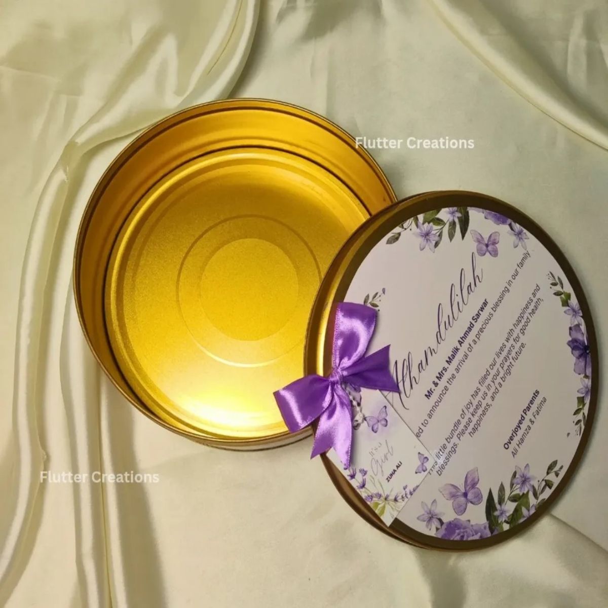 Baby Girl Announcement Round Tin Box with Bow n Card