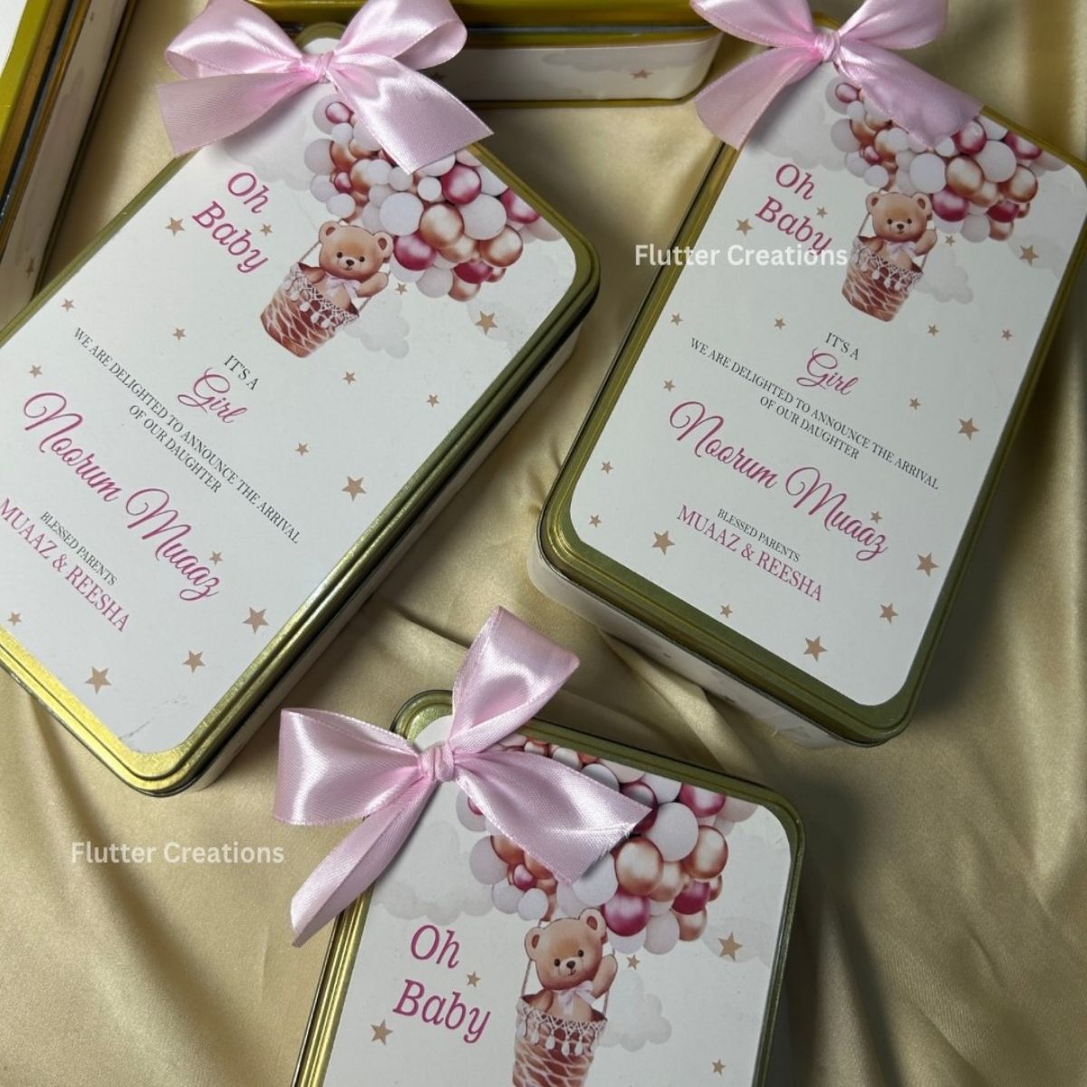 Baby Girl Announcement Tin Box with Ribbon Bow