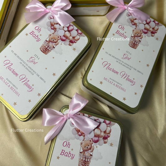 Baby Girl Announcement Tin Box with Ribbon Bow