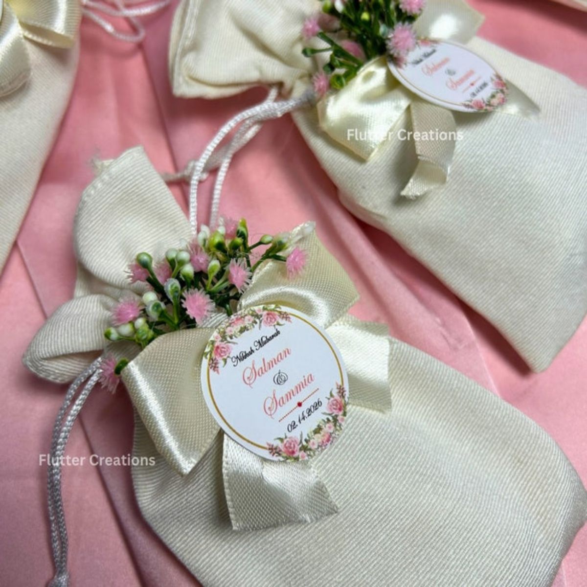 Premium White Pouches with Pink Baby's breath