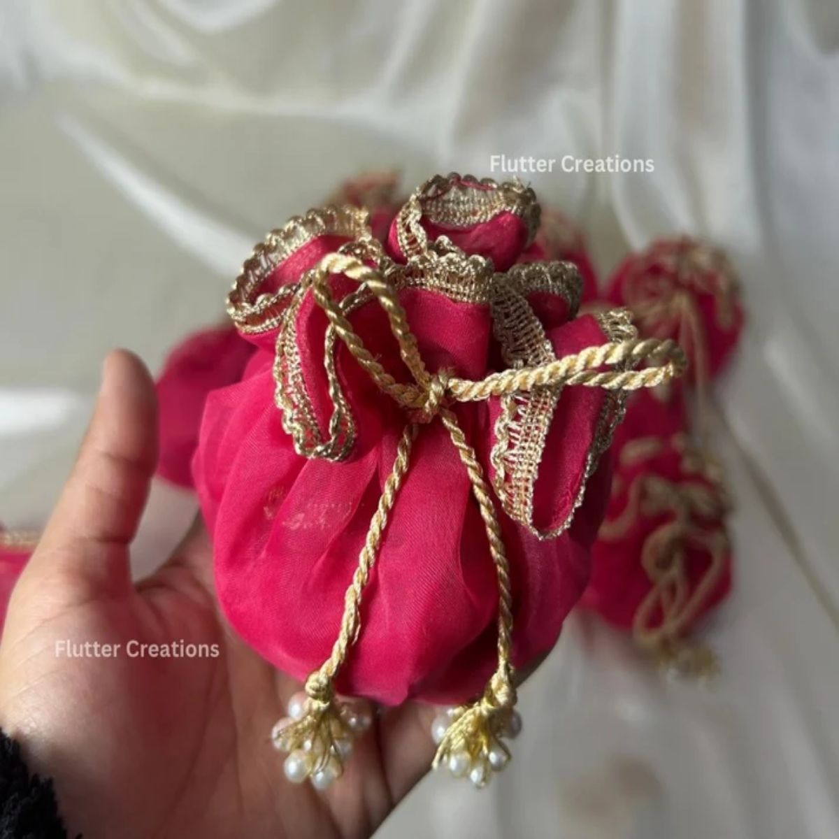 Dark Pink Organza Potlis with double pearl tassel and name tag