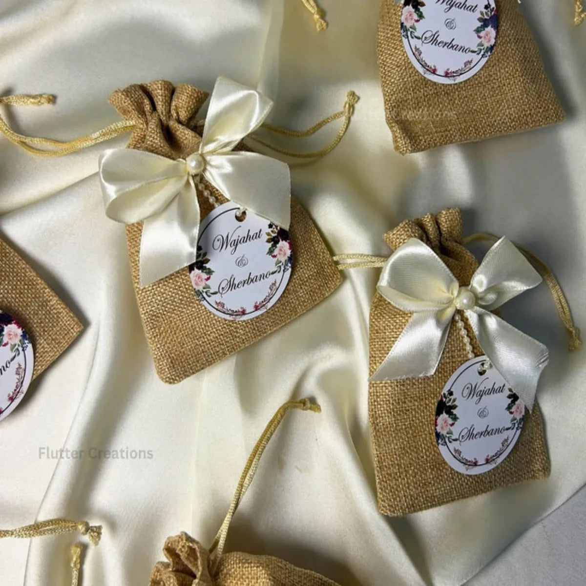 Khaki Jute Pouches with Off White Ribbon