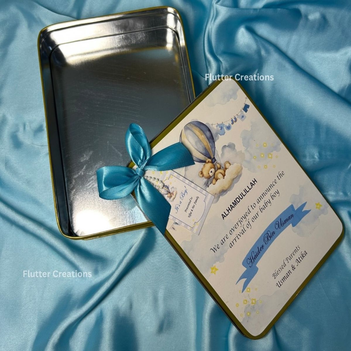 Customized Baby Announcement Rectangular Tin Box with Bow and tag