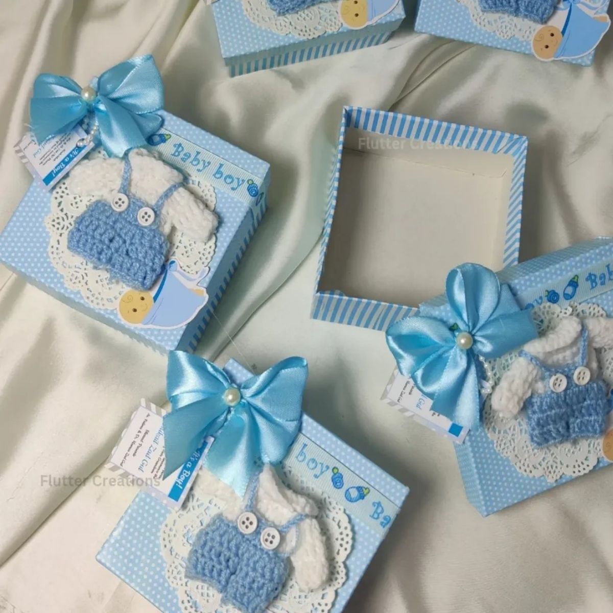 Crochet with Doily and Double Bow - Baby Boy Announcement Box