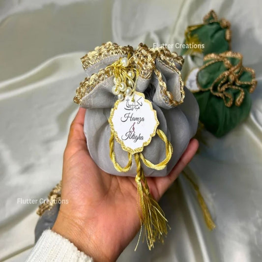 Grey or Green Organza Potlis with single pearl tassel and name tag