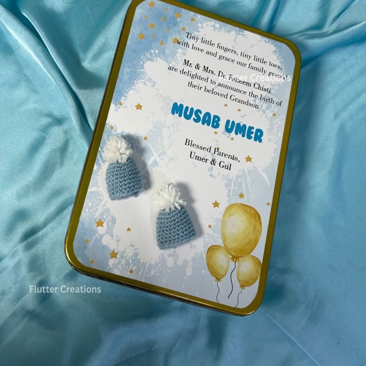 Baby Boy Announcement Tin Box - Crochet Caps