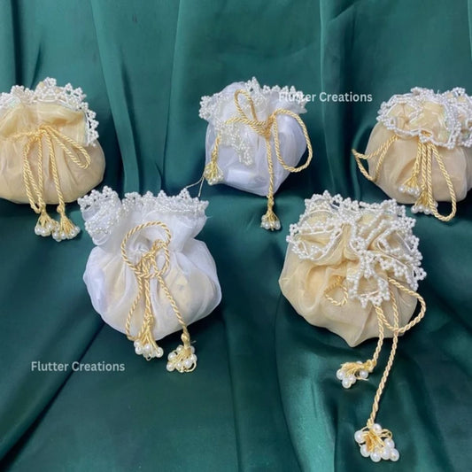 Golden & White Organza potlis/pouches with pearl lace and tassel