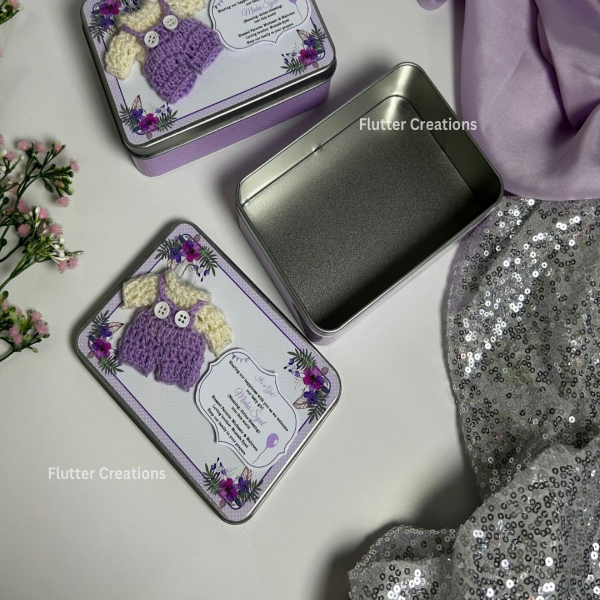 Purple Crochet Dress - Baby Girl Announcement Tin Metal Box