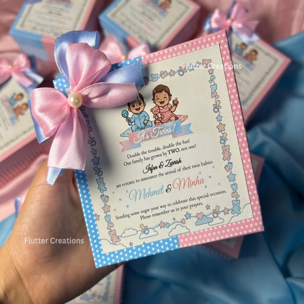 Twin Baby Announcement Box with Double Ribbon and Pearl