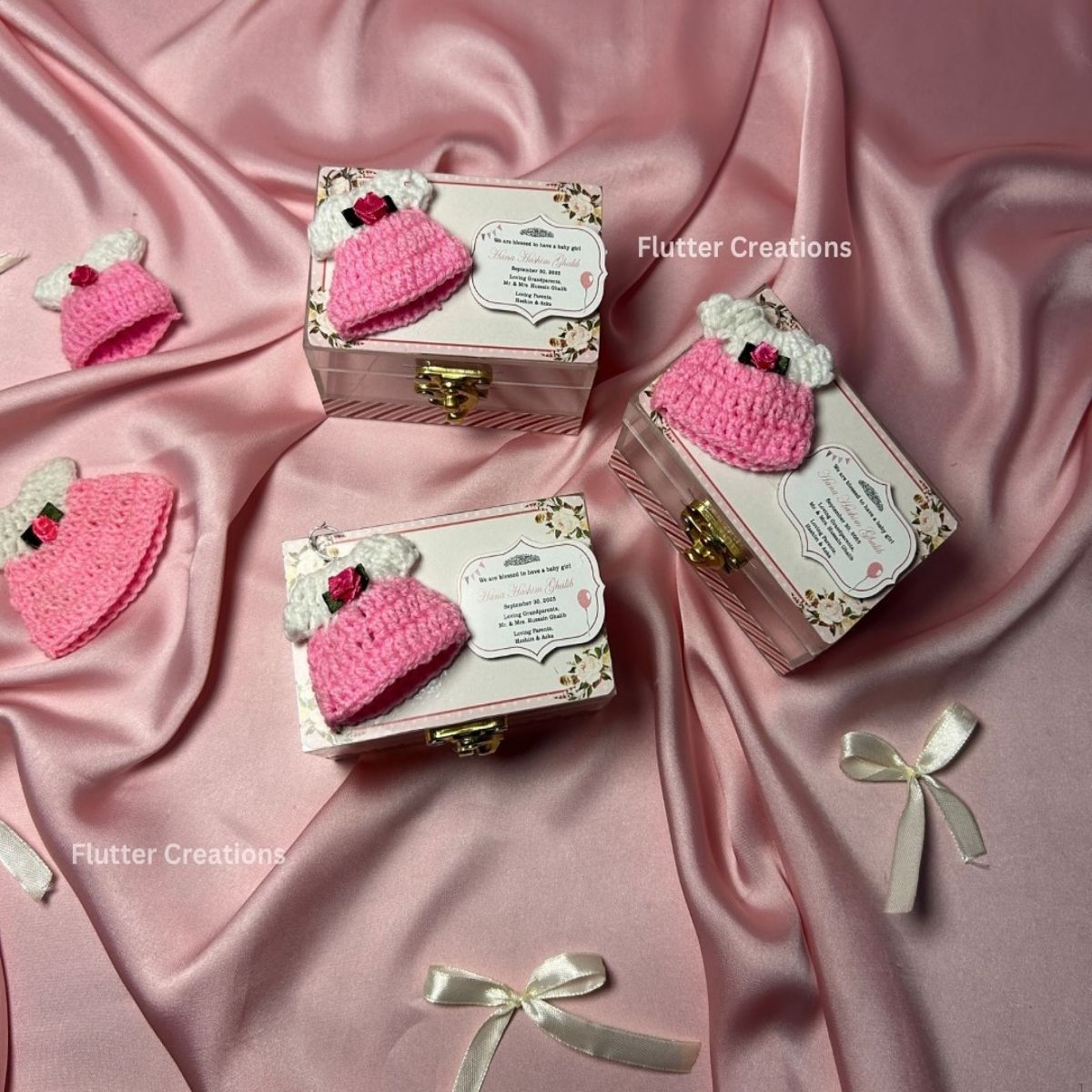 Baby Girl Announcement Acrylic Box (Pink Crochet Dress)