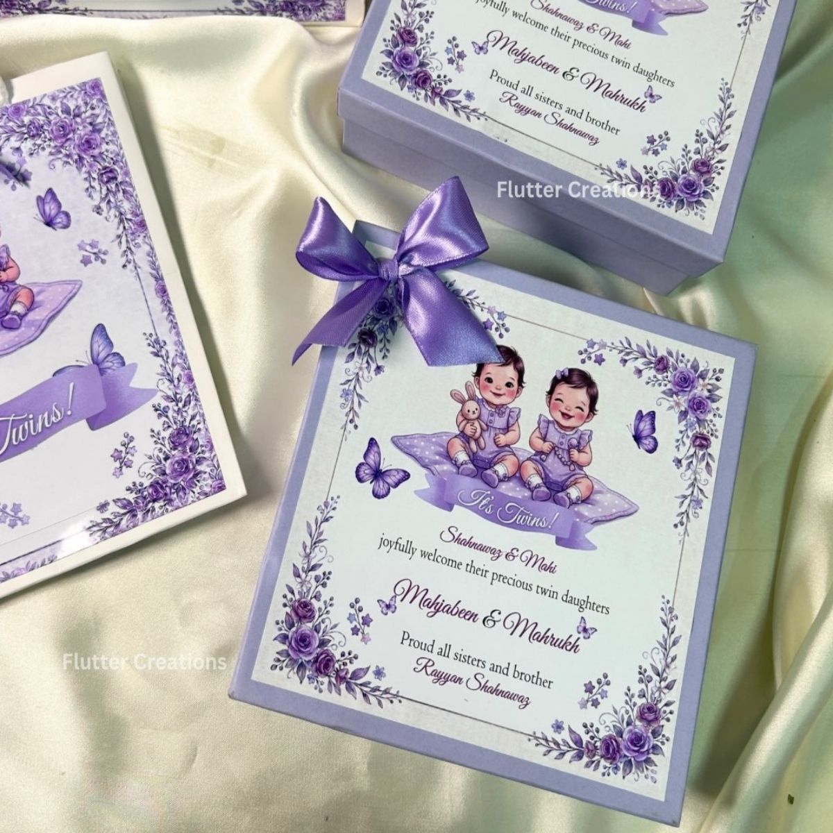 Personalized Twin Baby Announcement Box - Card n Bow Design