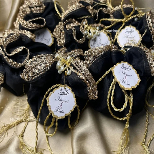 Black Organza potlis with Silk Lining,pearl tassel and tag