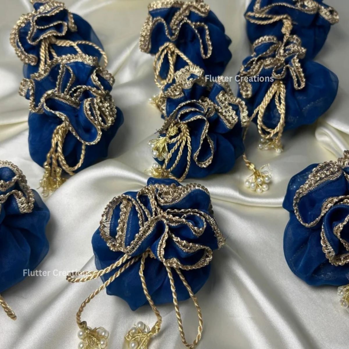 Blue Double Organza Potlis with Double Pearl tassel and tag