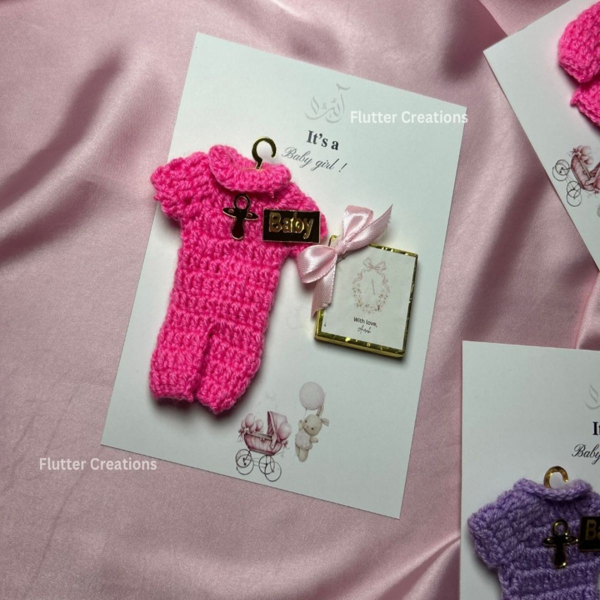 Baby Shower Giveaway Cards (with Crochet dresses and Milk Chocolate)