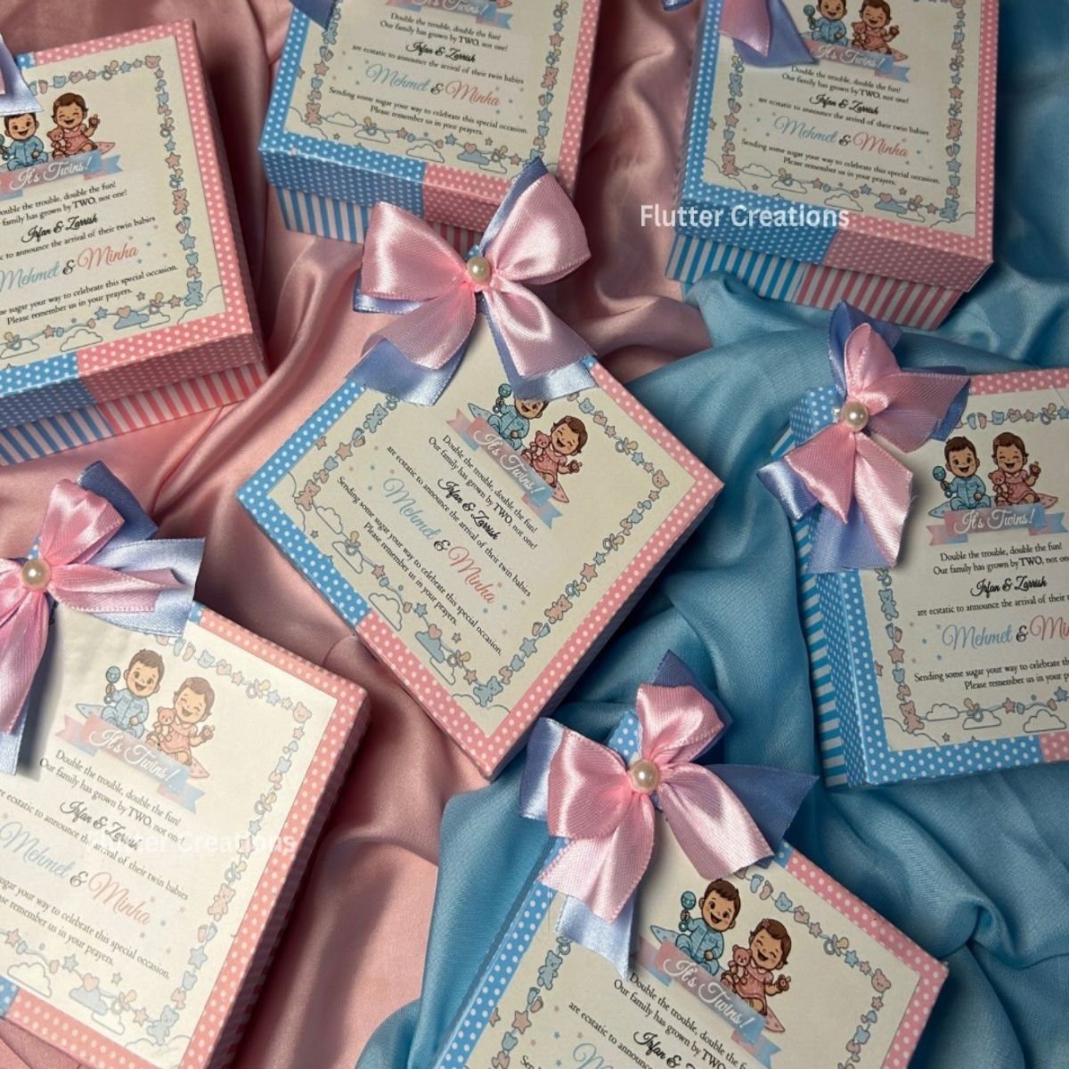 Twin Baby Announcement Box with Double Ribbon and Pearl