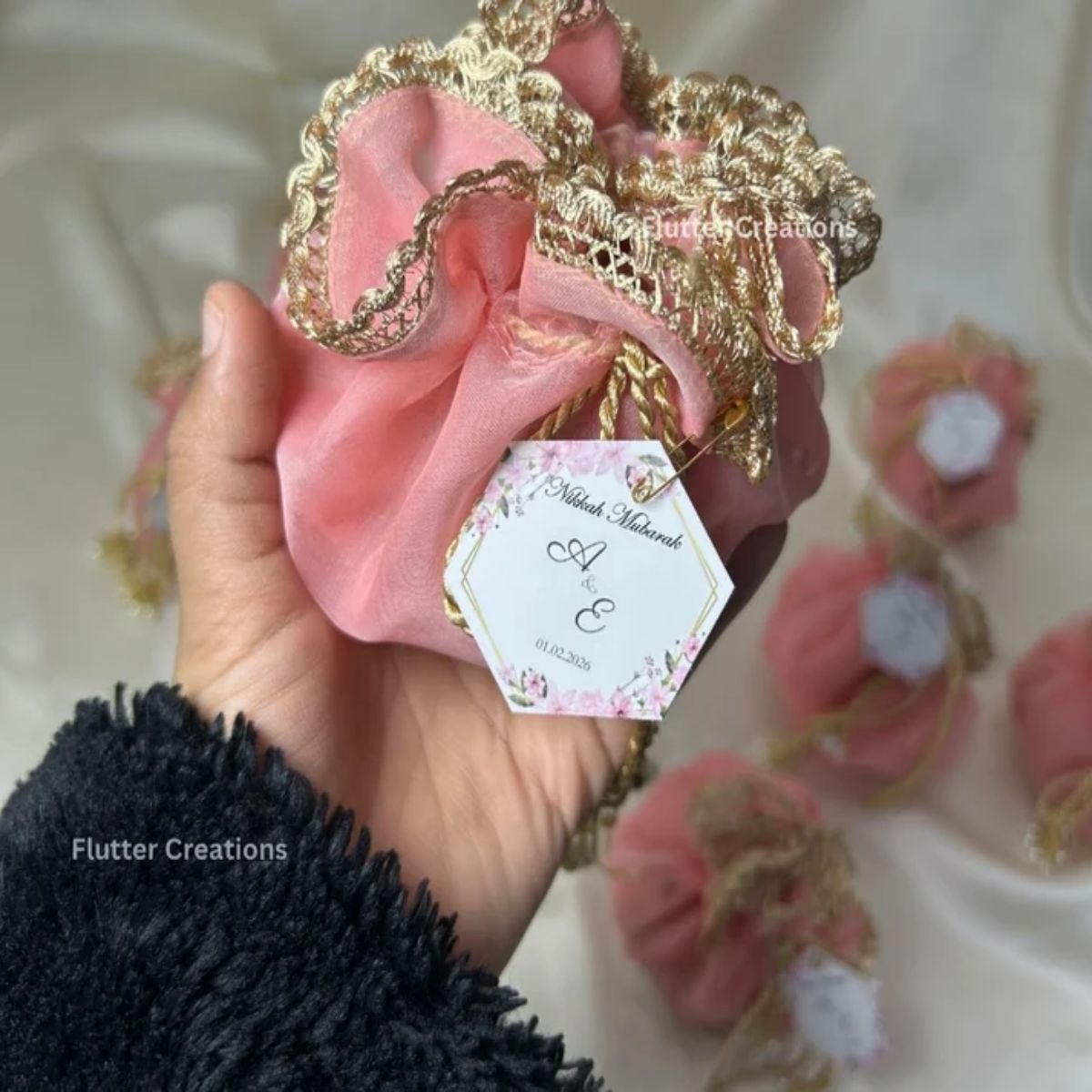 Soft Pink Organza potlis with Pearl tassel and name tag
