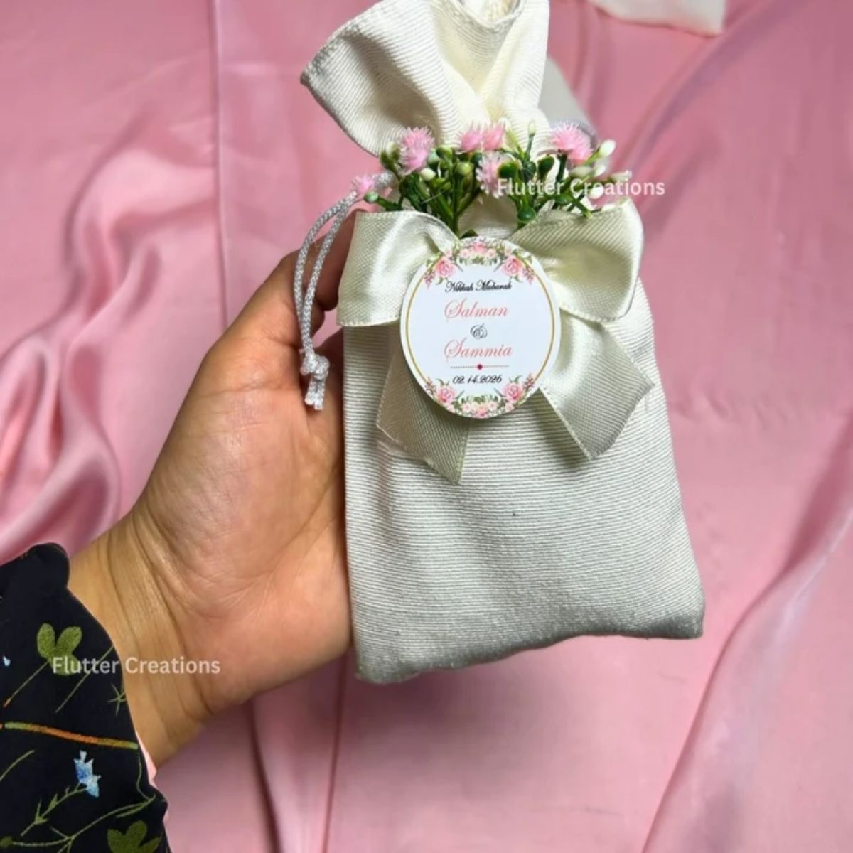 Premium White Pouches with Pink Baby's breath