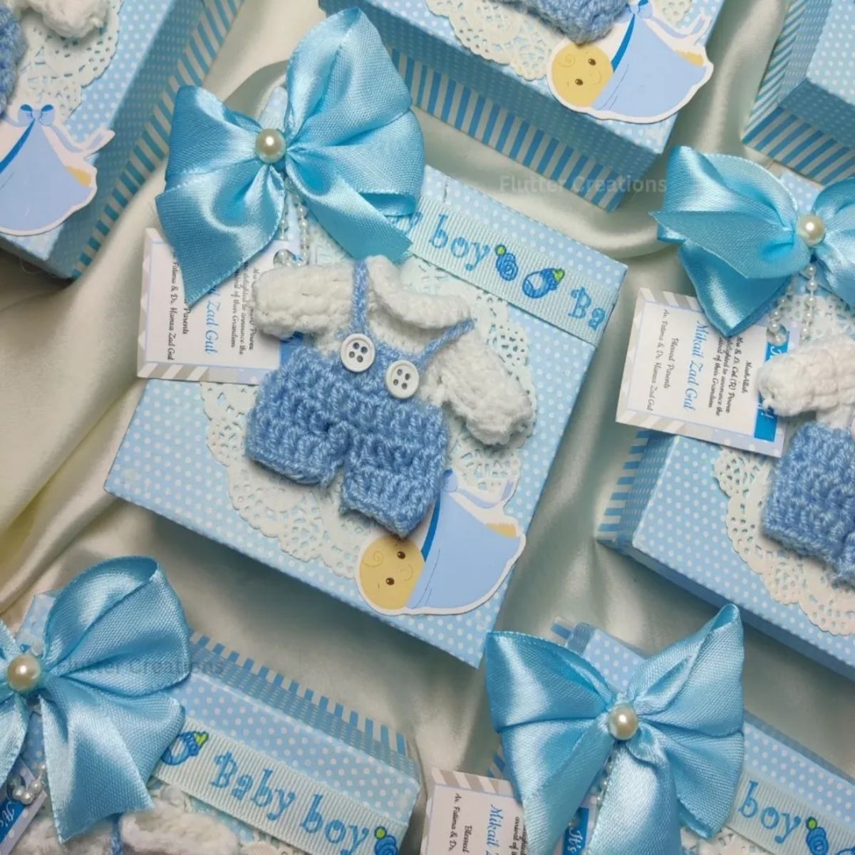 Crochet with Doily and Double Bow - Baby Boy Announcement Box