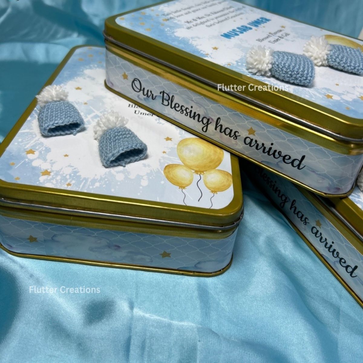 Baby Boy Announcement Tin Box - Crochet Caps