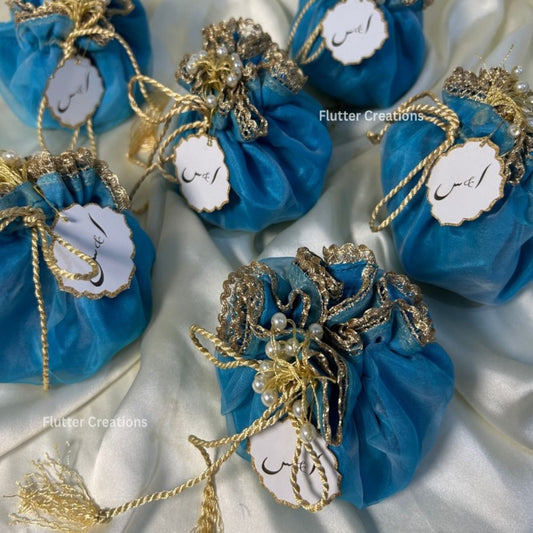 Light Blue Double Organza Potlis with Pearl tassel & Tag