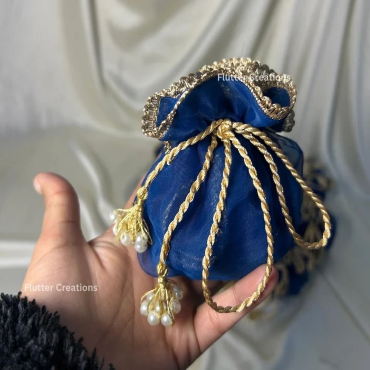 Blue Double Organza Potlis with Double Pearl tassel and tag