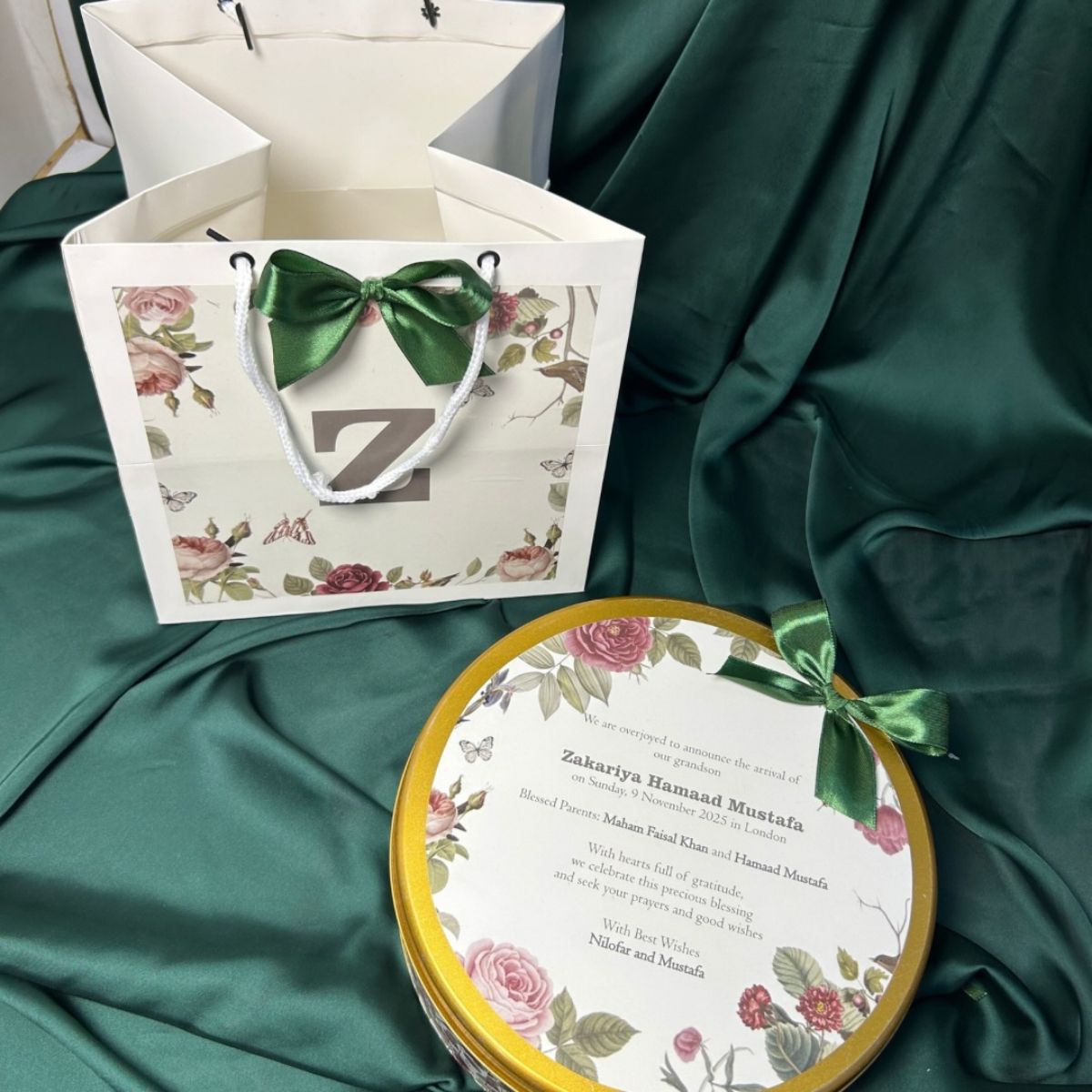 Personalized Baby Announcement Round Tin Box with ribbon bow