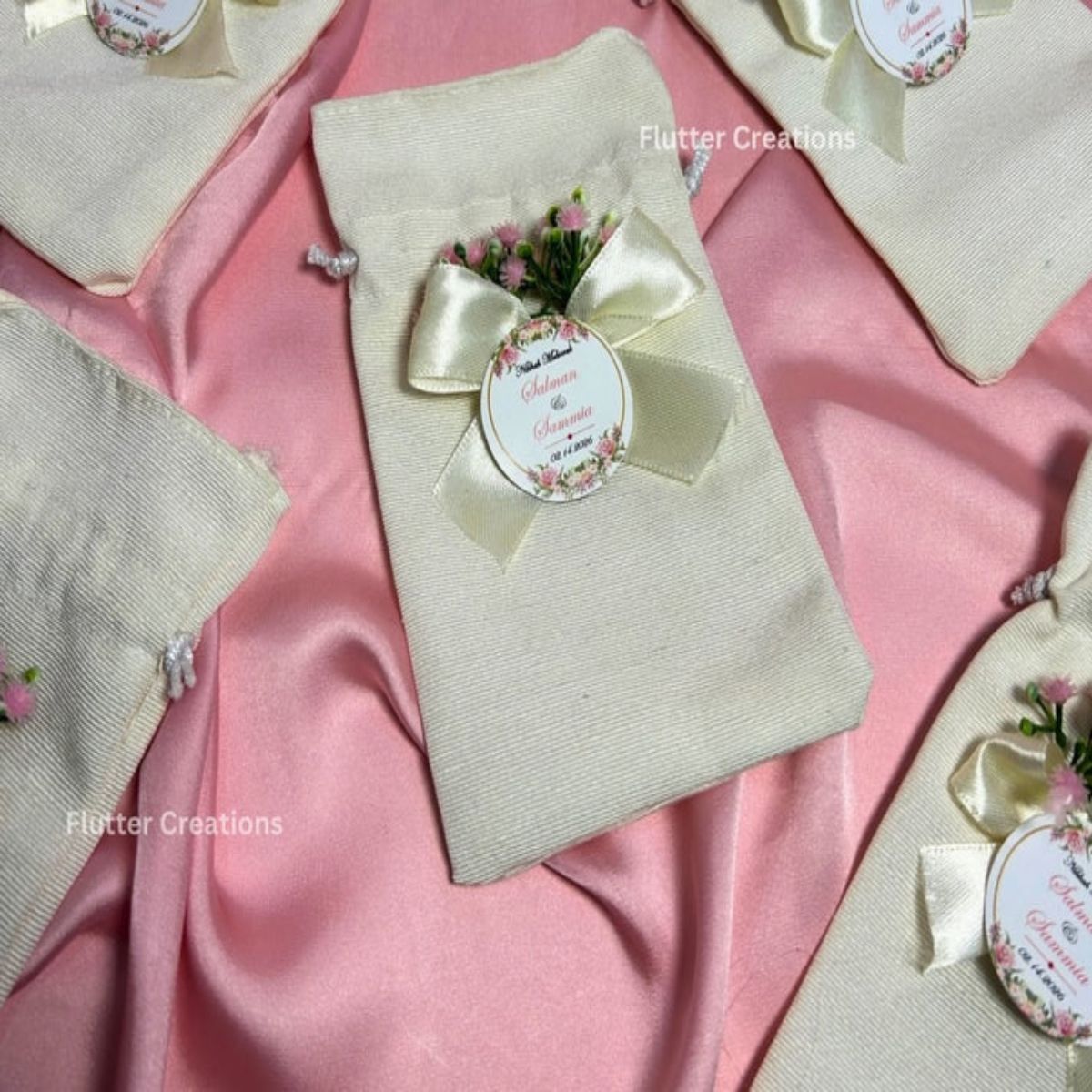 Premium White Pouches with Pink Baby's breath