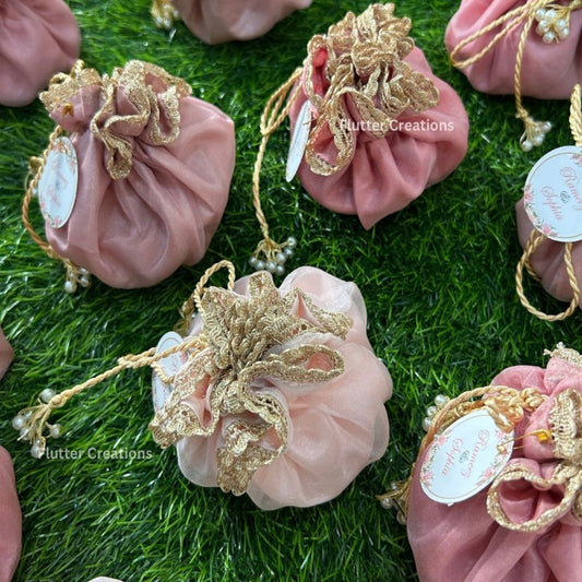 Pastel Pink Organza potlis with Double Pearl tassel and name tag