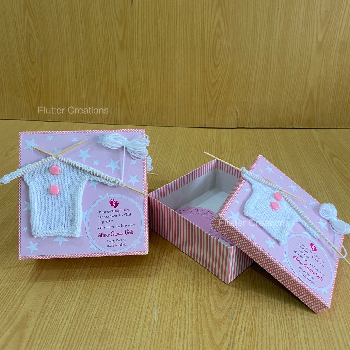 Knitted Shirt - Baby Girl Announcement Hardboard Box