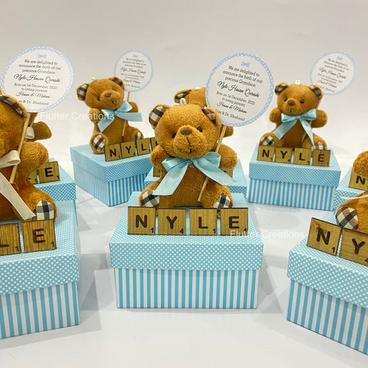 Teddy Bear with Scrabble Letters - Baby Boy Announcement Box