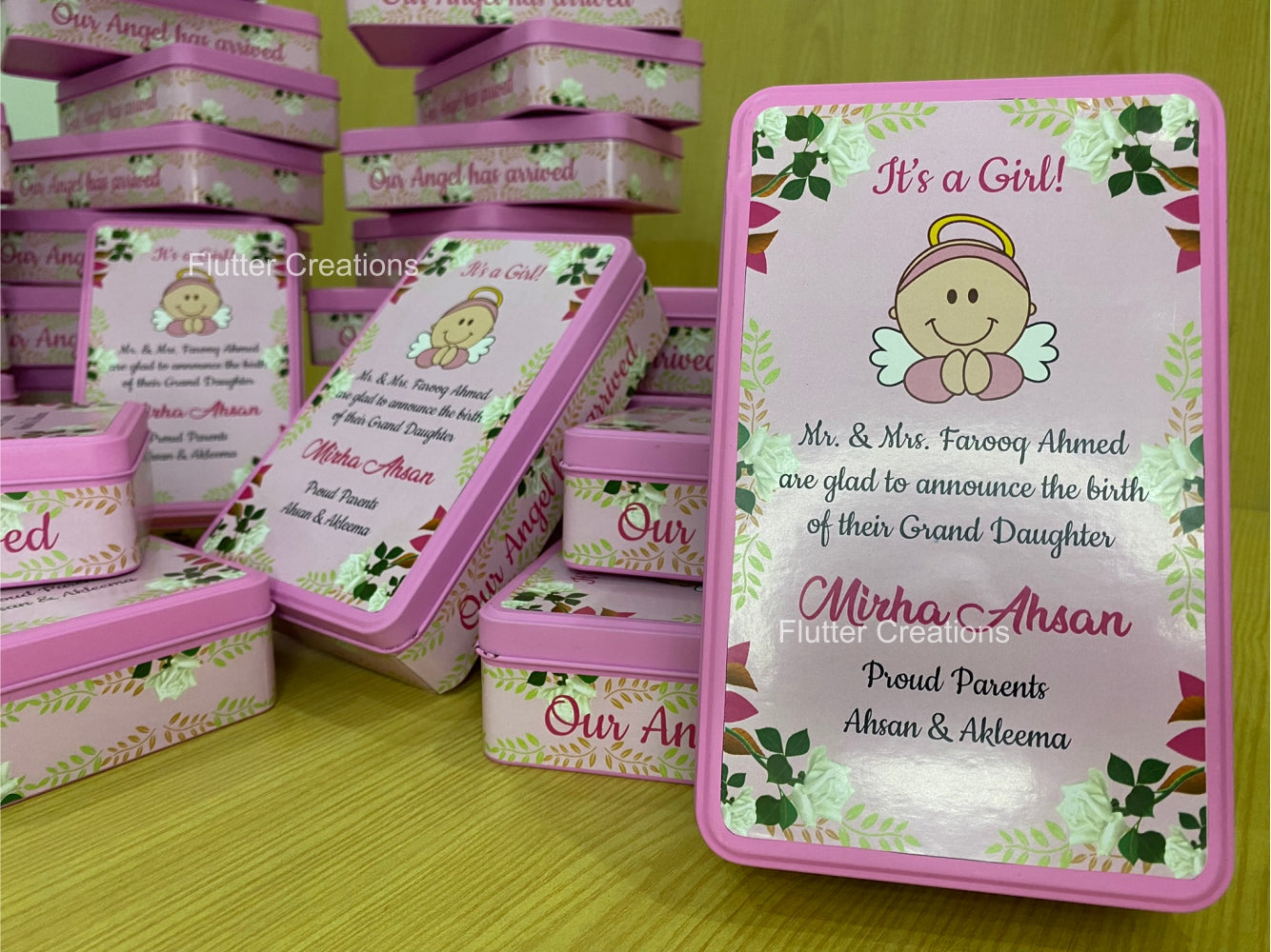 Customized Pink - Baby Girl Announcement Tin Metal Box