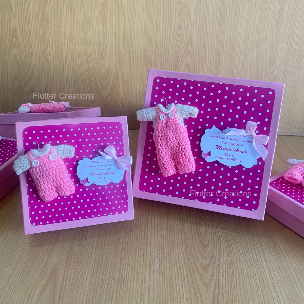 Pink Crochet Dungree - Baby Girl Announcement Hardboard Box