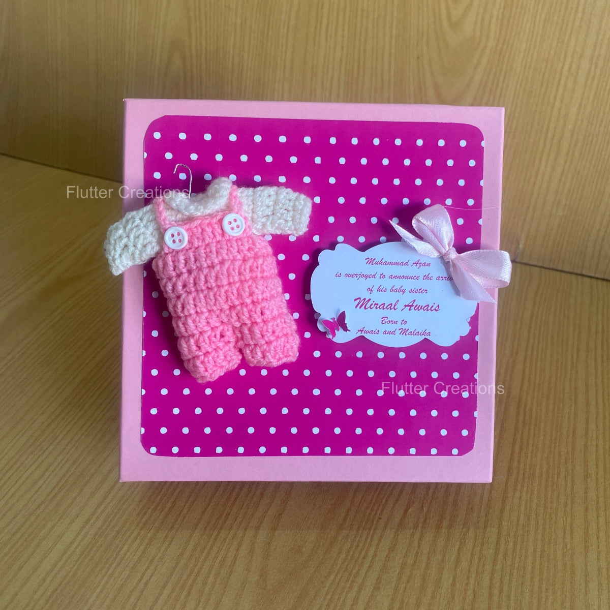 Pink Crochet Dungree - Baby Girl Announcement Hardboard Box