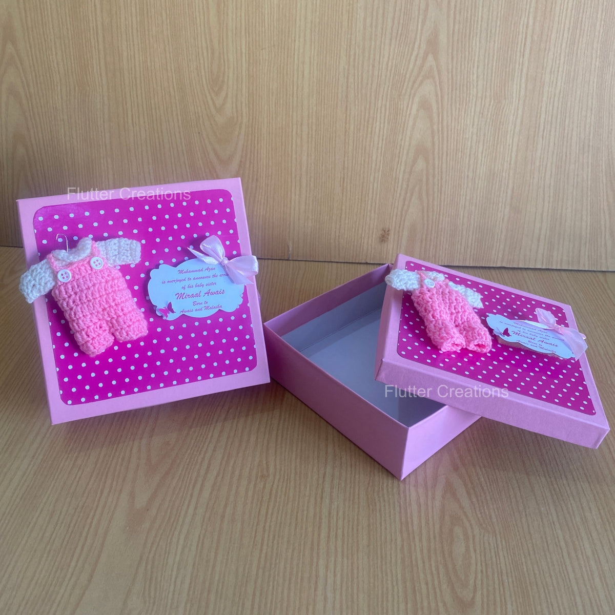 Pink Crochet Dungree - Baby Girl Announcement Hardboard Box