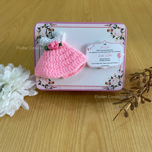 Pink Crochet with Flower - Baby Girl Announcement Tin Metal Box