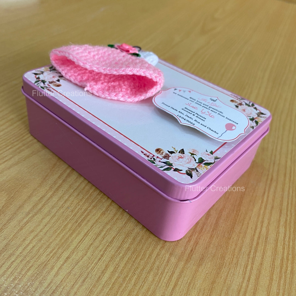 Pink Crochet with Flower - Baby Girl Announcement Tin Metal Box