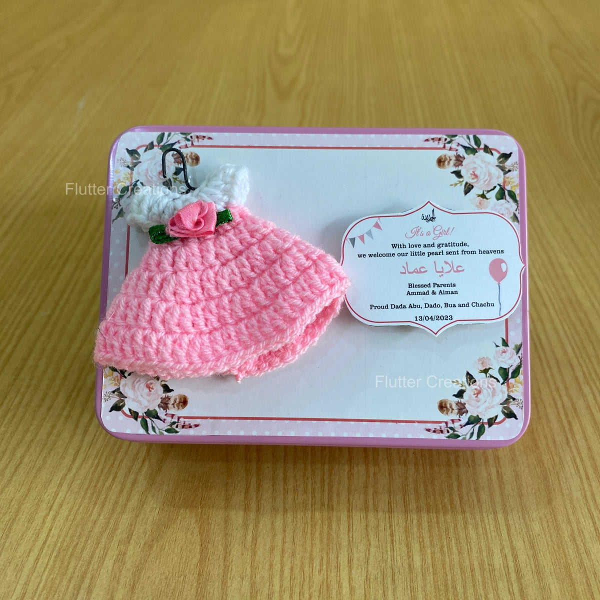 Pink Crochet with Flower - Baby Girl Announcement Tin Metal Box