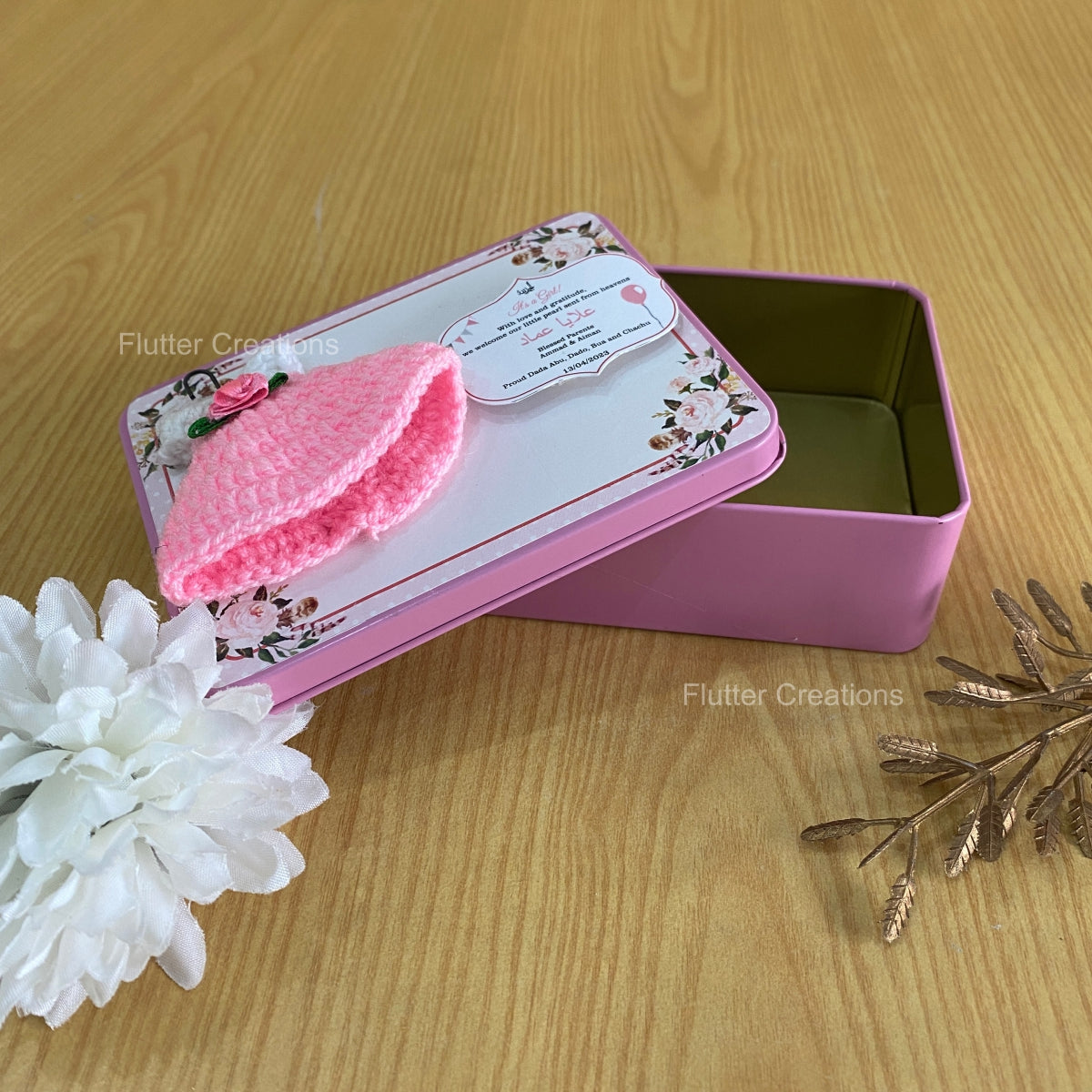 Pink Crochet with Flower - Baby Girl Announcement Tin Metal Box