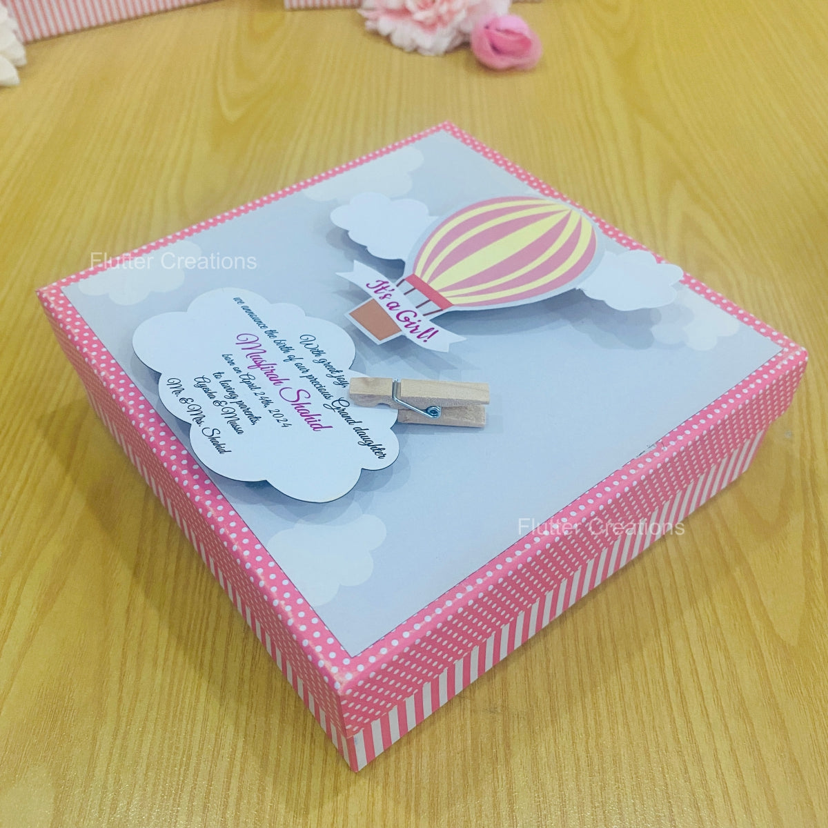 Hot Air Balloon with Clip - Baby Girl Announcement Hardboard Box