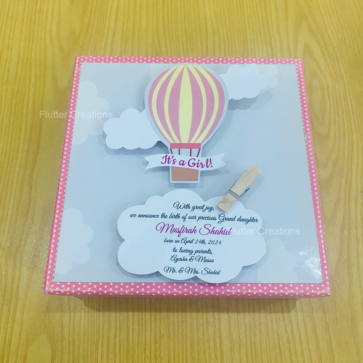 Hot Air Balloon with Clip - Baby Girl Announcement Hardboard Box